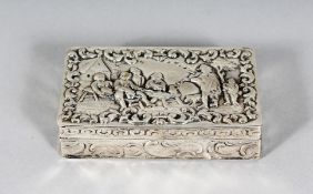 A 19TH CENTURY DUTCH SILVER RECTANGULAR SNUFF BOX, the top repousse with figures. 3ins long.