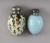 A GULLS EGG DESIGN GLASS SCENT BOTTLE AND SCREW TOP and A PALE BLUE SCENT BOTTLE AND SCREW TOP (2).