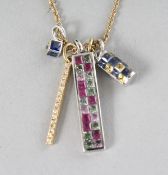 AN 18CT YELLOW GOLD, SAPPHIRE AND DIAMOND CHARM PENDANT.