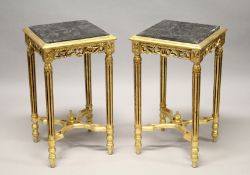A GOOD PAIR OF GOLD SQUARE TOP TABLES with marble tops. 28ins high.