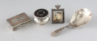 A VICTORIAN BRIGHT CUT SILVER CADDY SPOON, London 1892, an engine turned snuff box, miniature