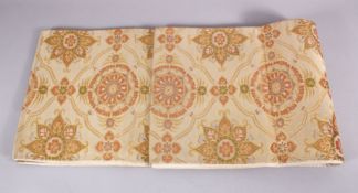 A FINE JAPANESE SILK EMBROIDERED FUKURO OBI TIE - upon a beige ground and embroidered with formal