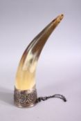 A SILVER MOUNTED HORN CUP, 20cm long.