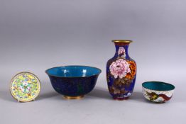 FOUR CHINESE CLOISONNE ITEMS, to include a vase, two bowls and a small dish.