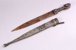 A 19TH CENTURY RUSSIAN KINJAL DAGGER with niello decoration to the scabbard and hilt, 47cm long.
