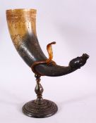 A FINE 19TH CENTURY INDIAN CARVED HORN VASE ON A STAND - with a carved cobra snake and a recumbent