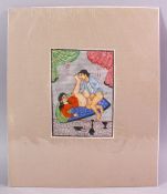 AN INDIAN HAND PAINTED MANUSCRIPT PAGE, depicting a couple in erotic scene, image size 18cm x 13cm.