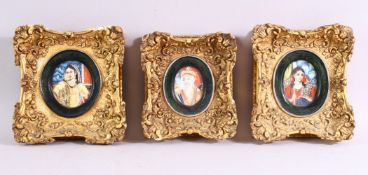 THREE SMALL LATE 19TH CENTURY INDIAN OVAL PORTRAIT MINIATURES, 15cm x 14cm and smaller.