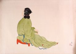 A GOOD 20TH CENTURY CHINESE SCROLL PAINTING, depicting a seated female figure, signed and with a red