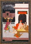 AN 18TH CENTURY MUGHAL INDIAN EROTIC MINIATURE PAINTING, depicting a conflicting erotic scene,