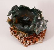 A GOOD CHINESE DARK GREEN JADE LOTUS BRUSH WASHER, together with a good quality wire inlaid carved