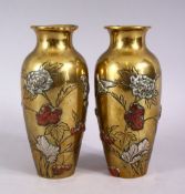 A PAIR OF JAPANESE MEIJI MIXED METAL BRONZE VASES, on laid with silver and copper to depict birds