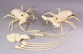 A PAIR OF JAPANESE 20TH CENTURY CARVED BONE MODELS OF CRAYFISH, 30cm long.