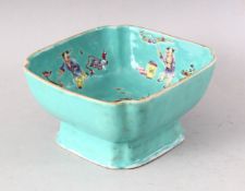 A CHINESE DAOGUANG SQUARE SHAPED BOWL with turquoise ground, the interior painted with figures and