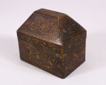 A FINE 19TH CENTURY NIELLO INLAID BRASS INDIAN LIDDED BOX, 7.5cm wide x 5cm deep 6.5cm.