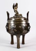 A JAPANESE MEIJI PERIOD BRONZE & MIXED METAL LIDDED KORO - OTAFUKU - the body of the koro inlaid