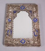A GOOD 19TH CENTURY SILVER & ENAMEL MIRROR, with embossed decoration of seated figures, 22cm x 16cm
