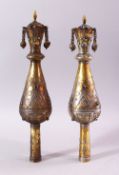 A FINE PAIR OF SILVER GILT JEWISH TORAH POINTERS, with silver overlaid decoration, mounted with