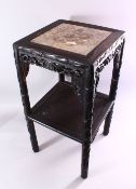 A 19TH CENTURY CHINESE CARVED BAMBOO HARDWOOD MARBLE TOP PLANT STAND, the top inset with a square