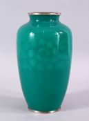 A JAPANESE TAISHO PERIOD CLOISONNE VASE, with a turquoise ground with plated mounts, with softly