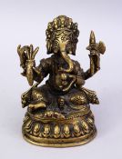 A SMALL 19TH / 20TH CENTURY INDIAN BRONZE FIGURE OF GANESH, in a seated position holding multiple
