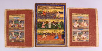 A PAIR OF INDIAN EROTIC MINIATURE PAINTINGS / BOOK LEAVES, together with another leaf painted with