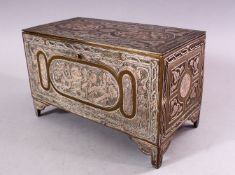 A GOOD LATE 19TH CENTURY ISLAMIC SILVER INLAID BRASS RECTANGULAR CASKET, each side with panels of