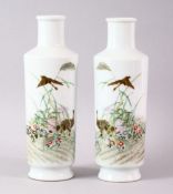 A PAIR OF SMALL REPUBLIC STYLE BOTTLES VASES, each painted with geese amongst flowers with