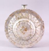 A GOOD 19TH CENTURY GOAN MOTHER OF PEARL CIRCULAR WATER FLASK, 23cm diameter.