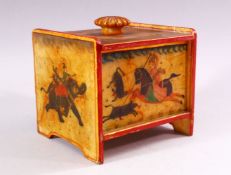 A 19TH CENTURY INDIAN MARBLE BOX, with painted scenes of hunting and floral decoration, 15cm high,