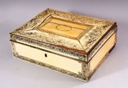 A 19TH CENTURY VITZAGAPATAM IVORY VENEERED SANDLEWOOD SEWING BOX, with penwork decoration and