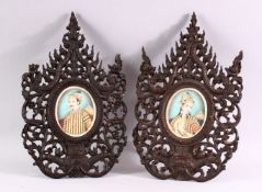 A GOOD PAIR OF 19TH CENTURY INDIAN MINIATURE PORTRAIT PAINTINGS POSSIBLY ON IVORY, depicting a