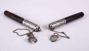 A FINE PAIR OF 19TH CENTURY CAUCASIAN NIELLO INLAID SILVER CARTRIDGE CASES, both with the same