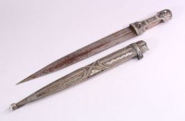 A 19TH CENTURY RUSSIAN KINJAL DAGGER with niello decoration to the scabbard and hilt, 46cm long.
