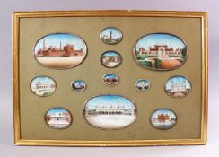 A GOOD COLLECTION OF TWELVE LATE 19TH CENTURY MINIATURE PAINTINGS ON IVORY, depicting temples and