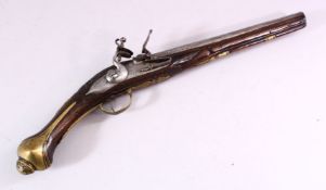 AN 18TH CENTURY ANGLO INDIAN FLINTLOCK PISTOL, engraved barrel, carved stock with wire inlaid