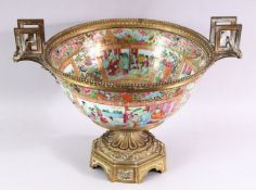 A GOOD 19TH CENTURY CANTON PORCELAIN BOWL, with French ormolu mounts, the bowl painted with panels