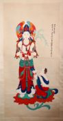 A GOOD 20TH CENTURY CHINESE SCROLL PAINTING, painted with a standing female deity, an attendant