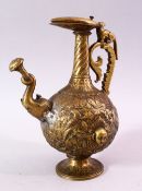 A 19TH CENTURY INDIAN MOULDED BRASS JUG, with moulded elephant head spout and dog handle, the body