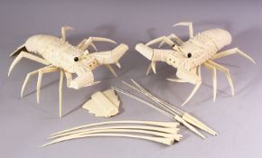 A PAIR OF JAPANESE 20TH CENTURY CARVED BONE MODELS OF CRAYFISH, 30cm long.