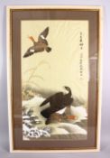 A JAPANESE FRAMED PAINTED SILK PICTURE OF AN EAGLE AND DUCKS, the eagle attacking a duck whilst