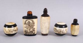 A GROUP OF 19TH CENTURY CARVED IVORY SNUFF BOTTLES & BALLS, three incised ivory snuff bottles,