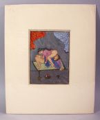 AN INDIAN HAND PAINTED MANUSCRIPT PAGE, depicting a couple in erotic scene, image size 19cm x 14cm.