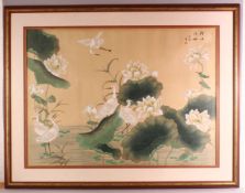 A LARGE CHINESE PICTURE OF CRANES around a lily pond, 76cm x 107cm.