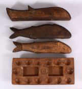 FOUR INDIAN CARVED WOODEN FISH FORMED SPICE BOXES - one of rectangular form, 46cm, 50cm, 44cm, the