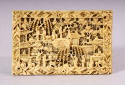A 19TH CENTURY CANTON IVORY CARVED RECTANGULAR PANEL, depicting figures amongst and landscape
