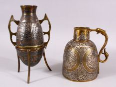 TWO FINE 19TH CENTURY DAMASCUS SILVER INLAID MAMLUK REVIVAL VESSELS, with roundel decoration