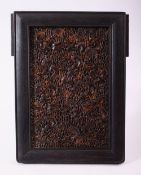 A FINE 19TH CENTURY JAPANESE TORTOISESHELL PANEL, carved with birds and lotus leaves, mounted in a