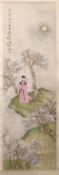 A 20TH CENTURY CHINESE SCROLL PAINTING, depicting a young lady standing a landscape setting