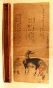 AN EARLY 20TH CENTURY CHINESE SCROLL PAINTING, a standing horse with two attendants, with three